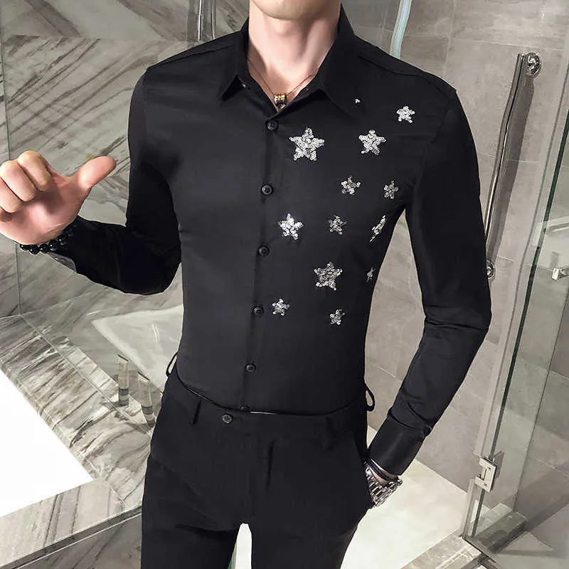 Star Sequins Night Club Party Men Shirt Långärmad Casual Slim Fit Dress Skjortor Arbeta Tuxedo Bröllop Man Kläder Camisa Homme 210527