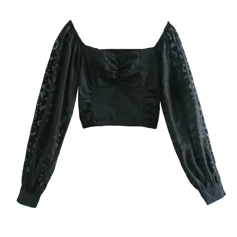 Мода женская жаккардовая органза с длинным рукавом сращивание короткая рубашка Женская черная блузка повседневная леди урожай вершины Blusas S8522 210430