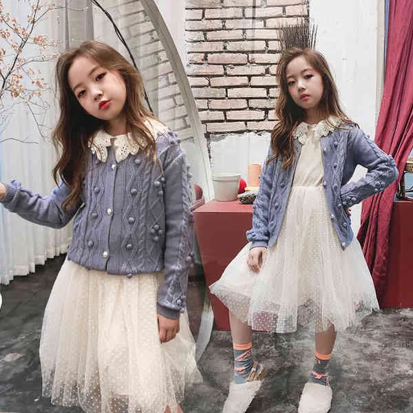 Primavera Autunno Ragazze Abiti Set Cardigan Maglione Palloncino Bambini + Colletto in pizzo perlato Abito a rete a pois 2 pezzi Set di abbigliamento per bambini X85 Q0716