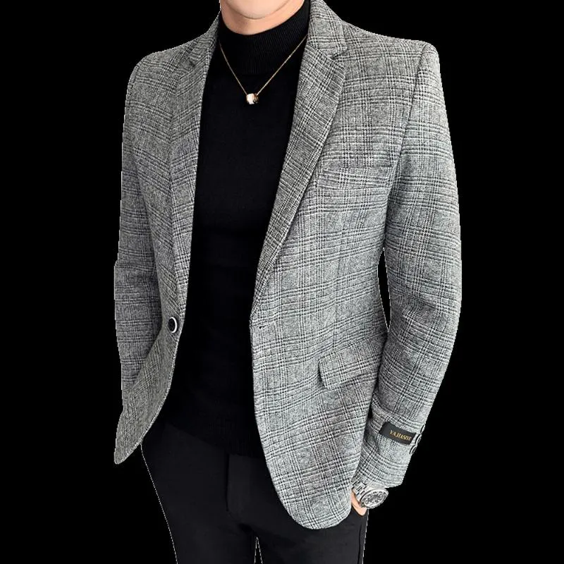 Män casual blazer brittisk stil affärs smal fit pläddräkt kappa långärmad manlig formell enkel spännejacka män kostymer blazrar