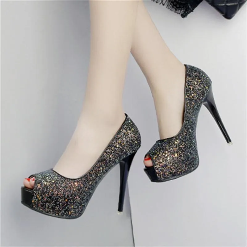 Damska Ryba Usta Buty Platformy Glitter Wysokie Obcasy 12 cm Sexy Pompy Wedge Sukienka Kobiet Buty Czarny Dla Sandałów