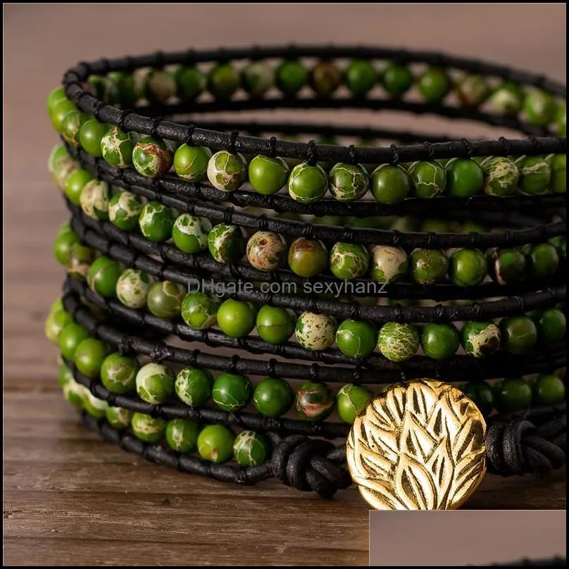 Handmade 5 Rows Leather Wrap Bracelet BOHO Green Imperial Jaspers Beads Art Weaving Vintage Jewelry Gift Drop Tennis