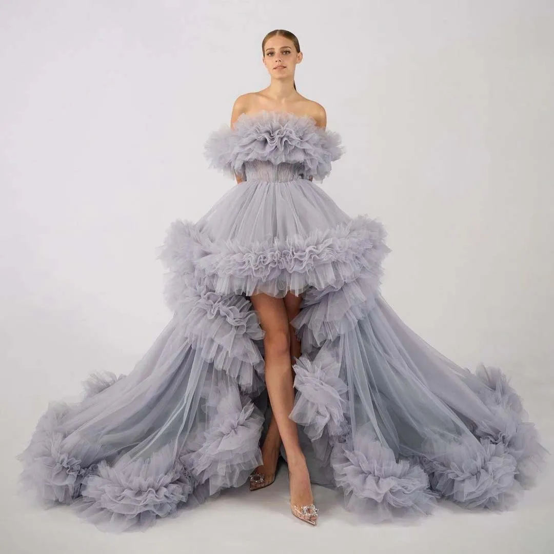 Gray Tulle Off Shoulder Tiered Tulle Prom Dress With High