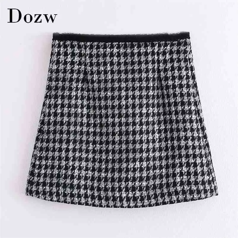 Chic Plaid Tweed Mini Rock Frauen Eine Linie Büro Plissee Damen Hohe Taille Vintage Houndstooth Jupe Femme 210515