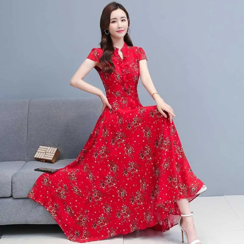 summer fashion casual women short sleeve loose floral print chiffon dress plus size 210531