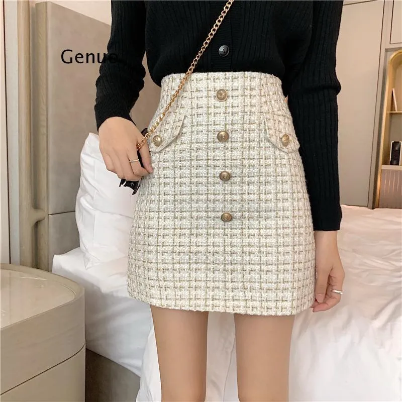 Plaid Tweed Skirts Women High Waist Elegant Vintage Mini Pencil Skirt Zipper Autumn Winter Wool Skirts Buttons X0428