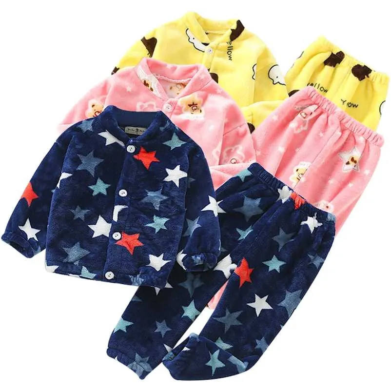 Barnens pyjamas Vinter Tjock Varm Suit Flannel Home Service Tecknade pojkar och tjejer Baby Two-Piece 211130