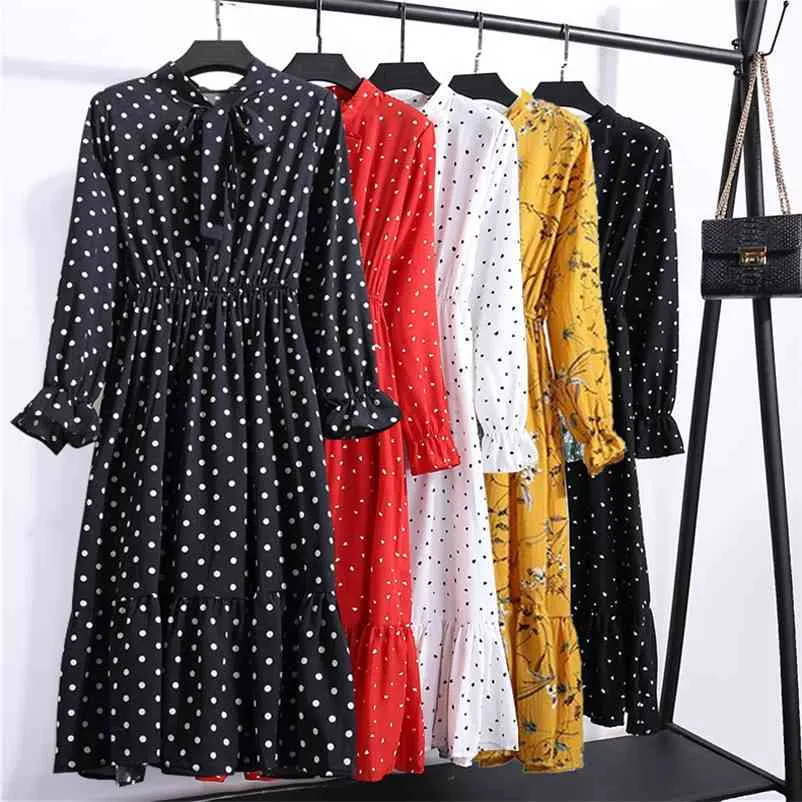 Abiti casual autunnali da donna Black Dot Abito camicia in chiffon stampato floreale vintage Abito a maniche lunghe con fiocco Midi Vestidos Plus Size 210409