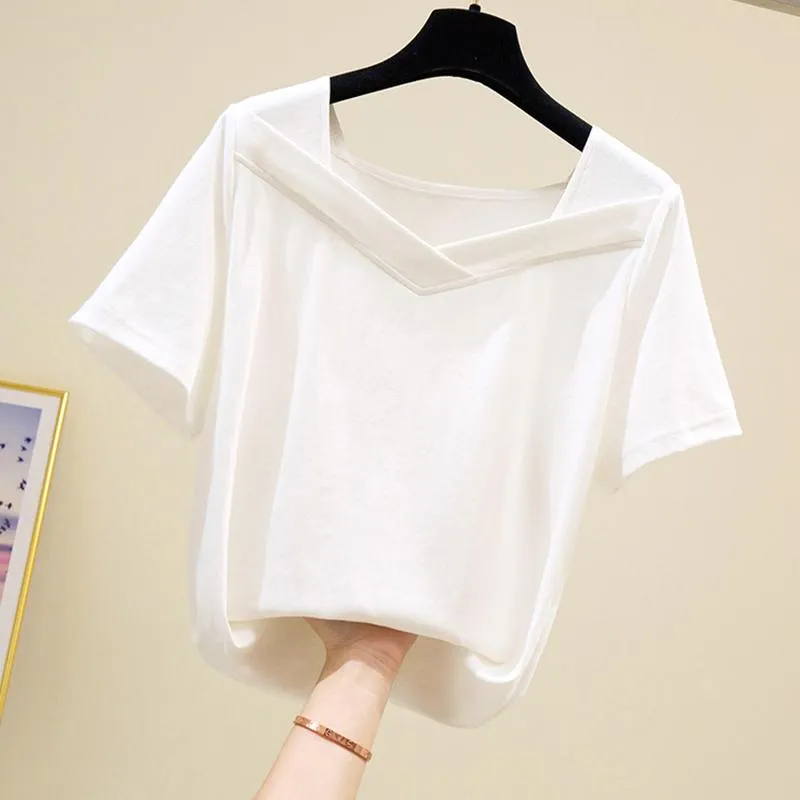 Женская футболка белая хлопковая футболка женщины корейский мода V-образным вырезом тонкий повседневный с коротким рукавом тройники женские футболки топы женские полки