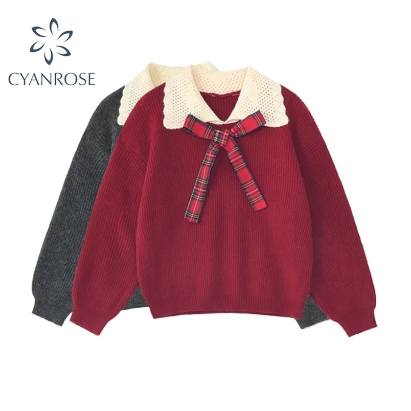 Style Preppy chandails automne hiver japonais à manches longues Kawaii doux femmes pull tricoté hauts col claudine pulls 210515