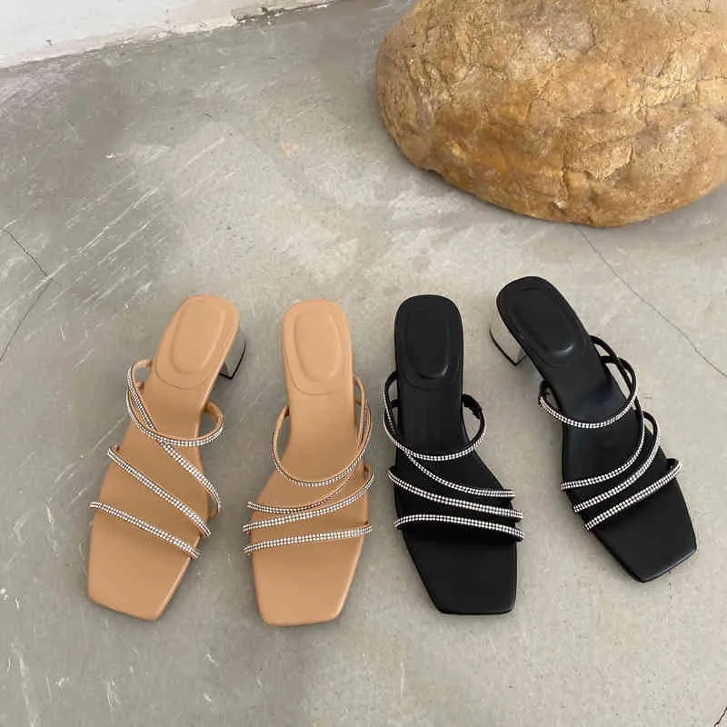 Fashion Women Sandals Slippers Narrow Band Thick Low Heeled Open Toe Elegant Summer Beach Shoes Flip Flops Slides Pumps Size 39 210513