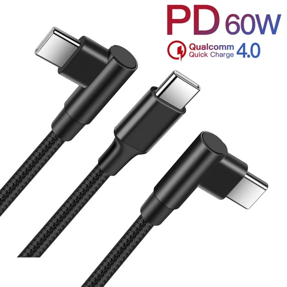 USB C Cable to USB-C 60W 3A Right Angle PD Fast Charger Type-C cord