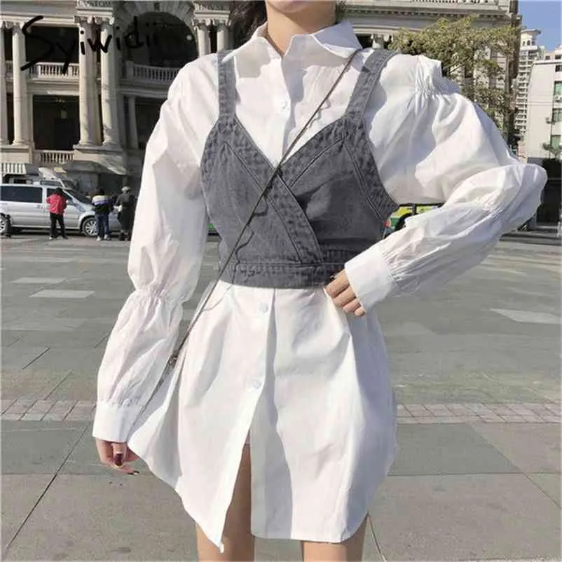 Syiwidii ​​2 Parça Setleri Bluz Elbise Kadınlar Için Beyaz Mini A-Line Vintage Puf Kol Gömlek Elbiseler Denim Tankı Bahar 210409