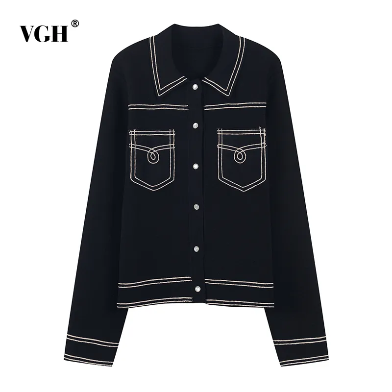 VGH Black Hit Color Elegant Sweater For Women Lapel Long Sleeve Straight Vintage Cardigan Female New Spring Fashion Clothes 210421