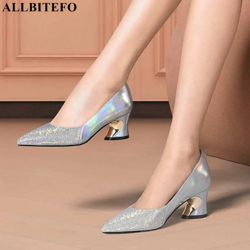 Allbitefo Bling Sexy Party Bröllop Skor Äkta Läder Kvinnor Heels Skor Fashion High Heel Shoes High Heels 210611