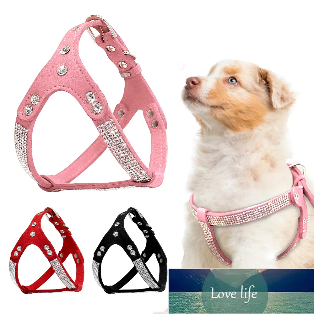 Filhote de couro de camurça suave Cachorrinho de cachorro rhinestone animal de estimação colete mascotas cachorro arreios para pequenos cães médios chihuahua rosa