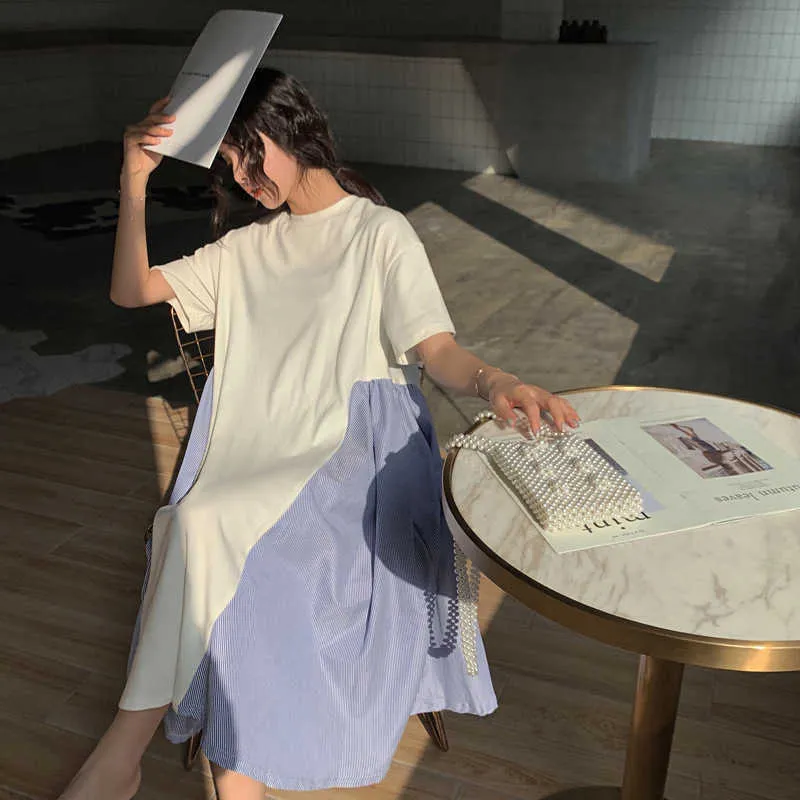 Robe de printemps et d'été Femme Coton Mode Manches courtes Casual Femmes Style coréen Vêtements irréguliers 210615