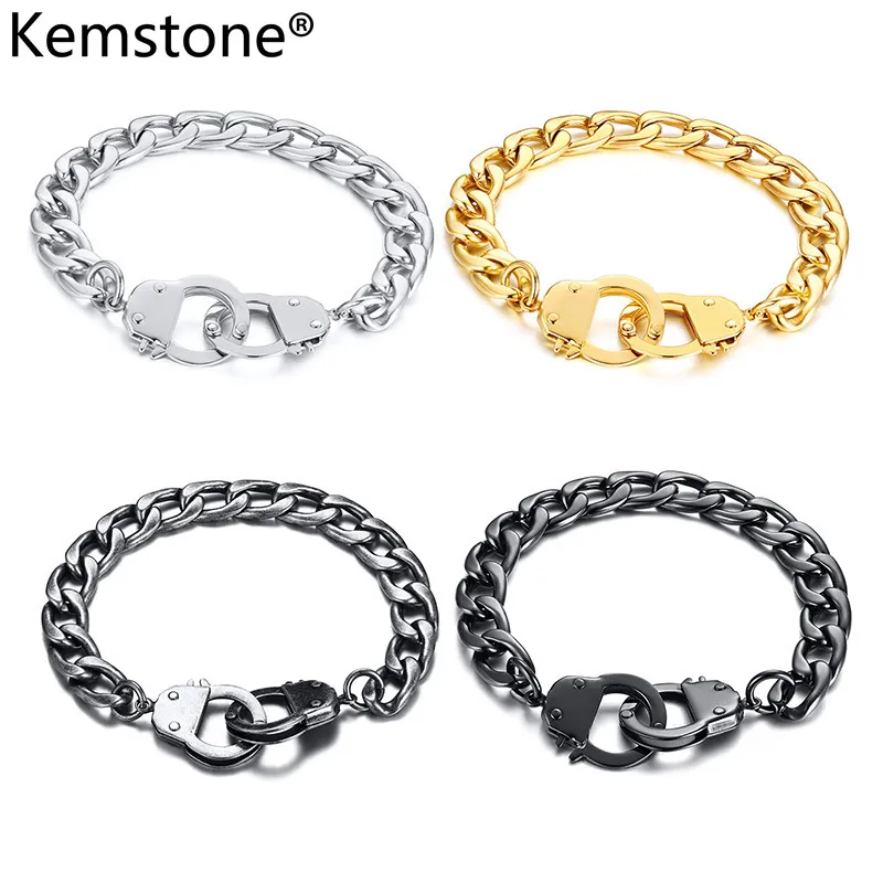 Kemstone 20.5MM Gold Black Silver Color Vintage Grey Color Stainless Steel Handcuffs Chain Bracelet Jewelry for Men