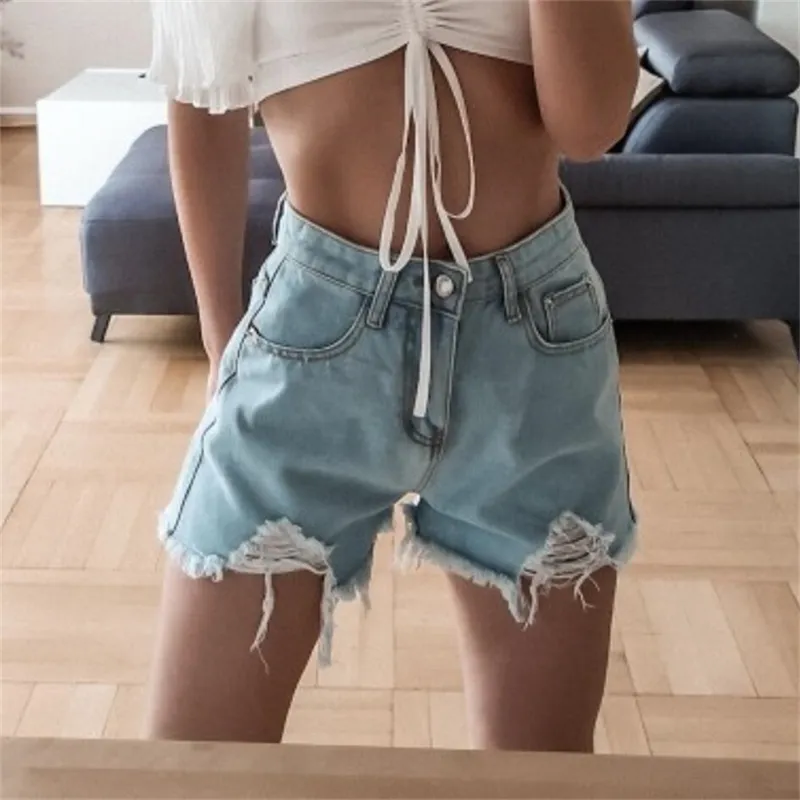 Light Denim Shorts Women High Waist Summer Korean of Loose-cut Hole Thin Ins Pats Womans Drop 210621