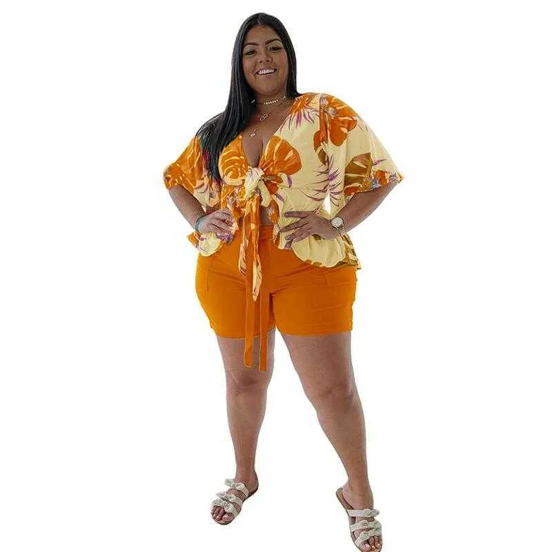 Plus size women summer tracksuits t-shirt Shorts outfits L-4XL pajama jogger suit lace up ruffle short Sleeve Suits Flora Printed Asymmetrical clothing 023