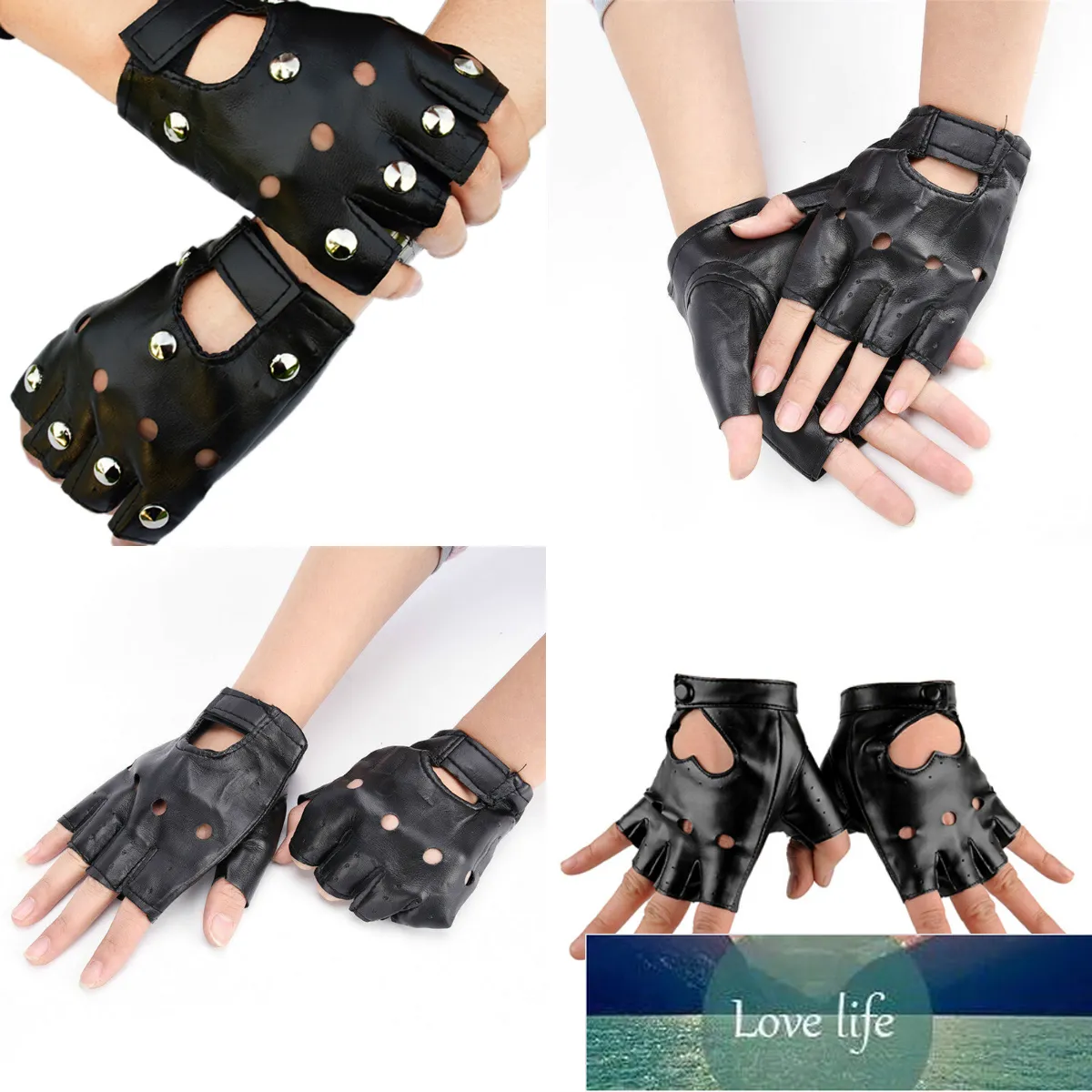 1pair Women Fashion PU Leather Black Half Finger Gloves Cool Heart Hollow Fingerless Gloves Boy Gloves For Fitness Factory price expert design Quality Latest Style