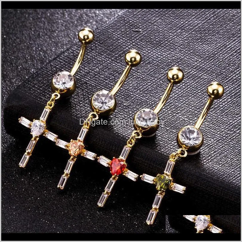designer 4 colors new trendy 18k yellow gold plated cz heart cross body piercing belly ring for hot girls women br-170