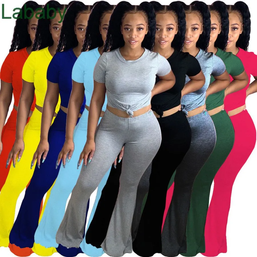 Mulheres Tracksuits Dois Peça Definir Designer Calças Bell Apertado Calças De Manga Curta T Shirt Legging Cor Sólida Correspondência De Correspondência 9 Cores