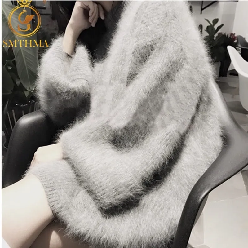 Zimowe ubrania Kobiety Grube Ciepłe Plus Size Włochate Faux Mohair Swetry i swetry Swetry Rękaw Rękaw Jersey Mujer Invierno 210520