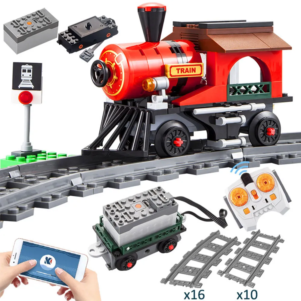 Fernbedienung Zug Elektrische Schiene Baustein DIY RC Track Eisenbahn Fahrzeug Ziegel Geschenke Spielzeug für Kinder