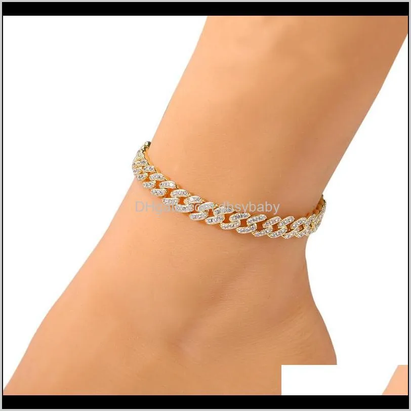 fashion womens anklets bracelet iced out cuban link chain anklets bracelets gold silver pink diamond hip hop anklet jewelry