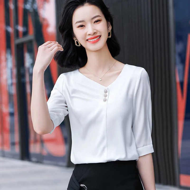 Yellow Acetate Satin Chiffon 3 4 Sleeve Shirts For Women High End Summer  Office And Formal Work Top From Bai04, $21.99