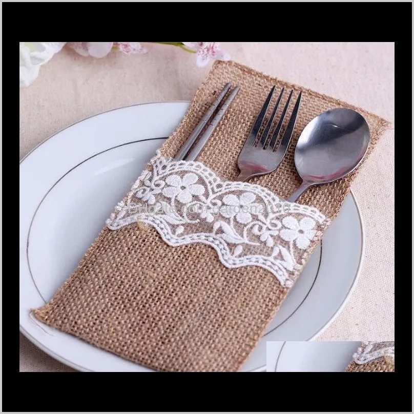 240pcs/lot vintage shabby chic jute burlap lace wedding tableware pouch cutlery bag rustic wedding table decoration