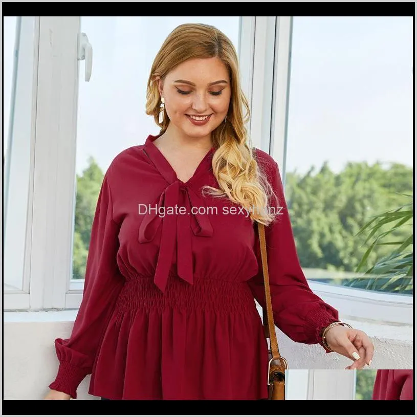 Blusen, Hemden, Damenbekleidung, Bekleidung, Drop-Lieferung, 2021, elastische Taille, Schleife, Bluse und Tops, Damen, rot, Bandage, einfarbig, Büro, elegant, langärmlig