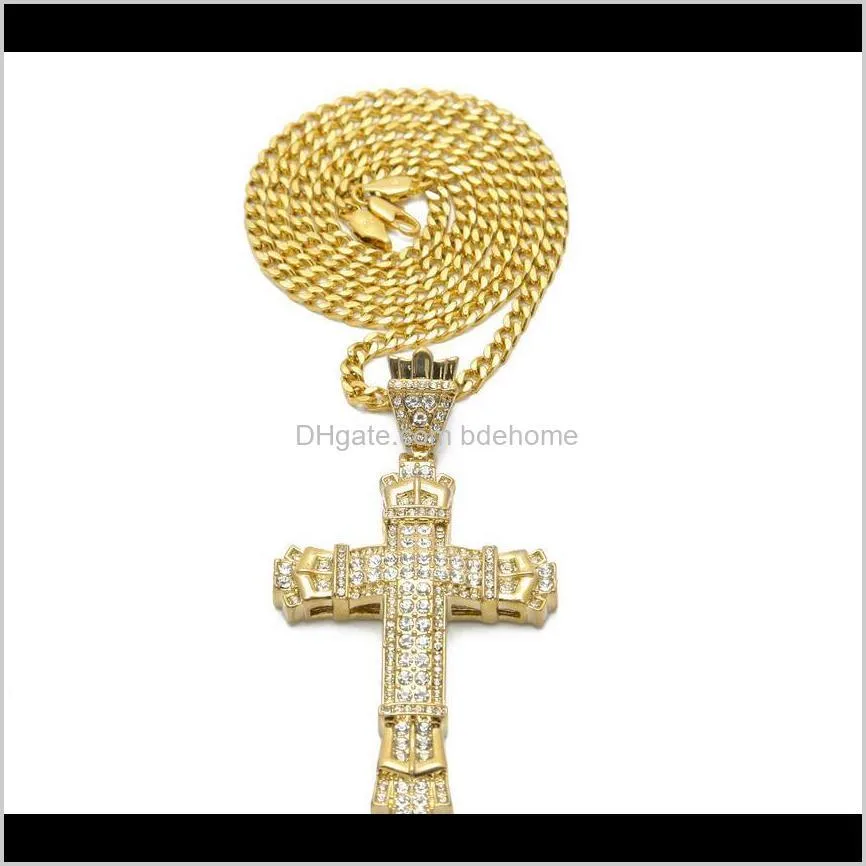 2020 retro chram cross pendant necklace with diamond women men`s hip hop necklace with long cuban chain silver and gold epacket 