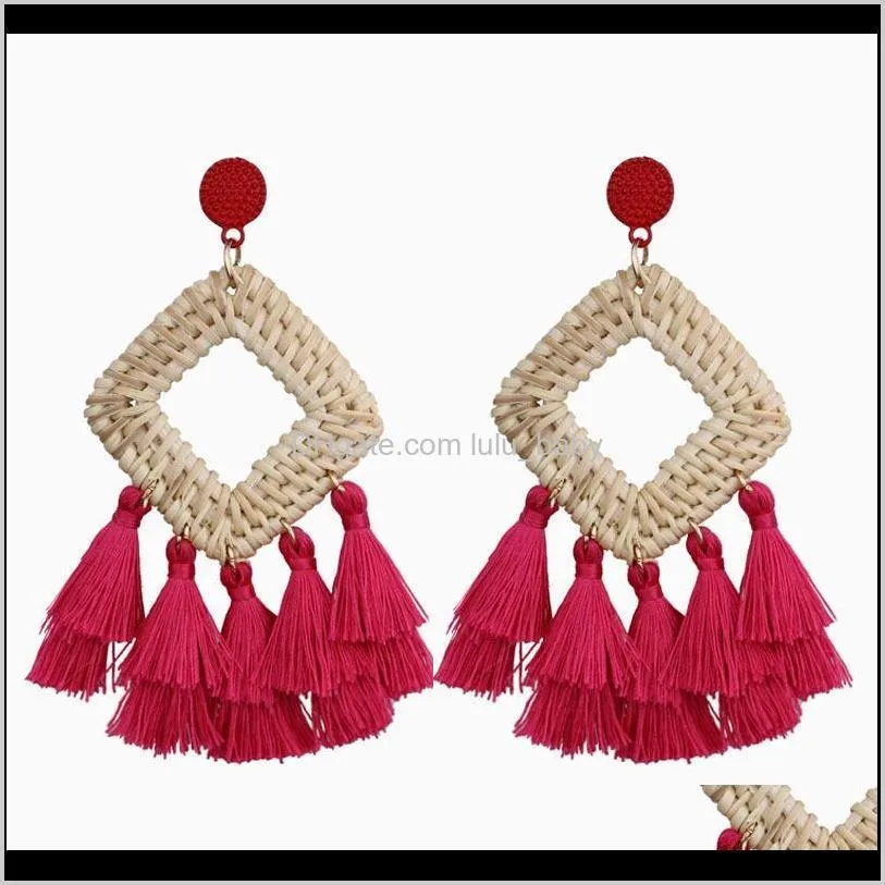 new trendy personality tassel earrings crochet straw rhombus bohemian delicate dangle earrings