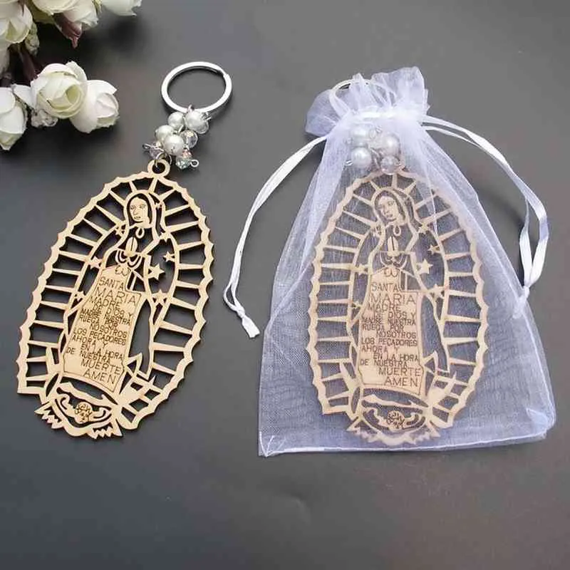 24 pièces baptême notre-dame de Guadalupe bois Design porte-clés faveurs de baptême pour garçon ou fille Recuerdos para Bautizo baptême Llave