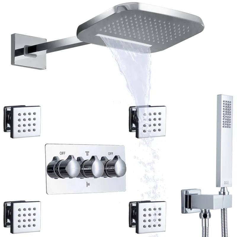 Chrome Polished Shower With Hand Hold Wall Mounted Waterfall And Rain Brass Body Bathroom Hot Cold Mixer Rainfall Head Diverter System