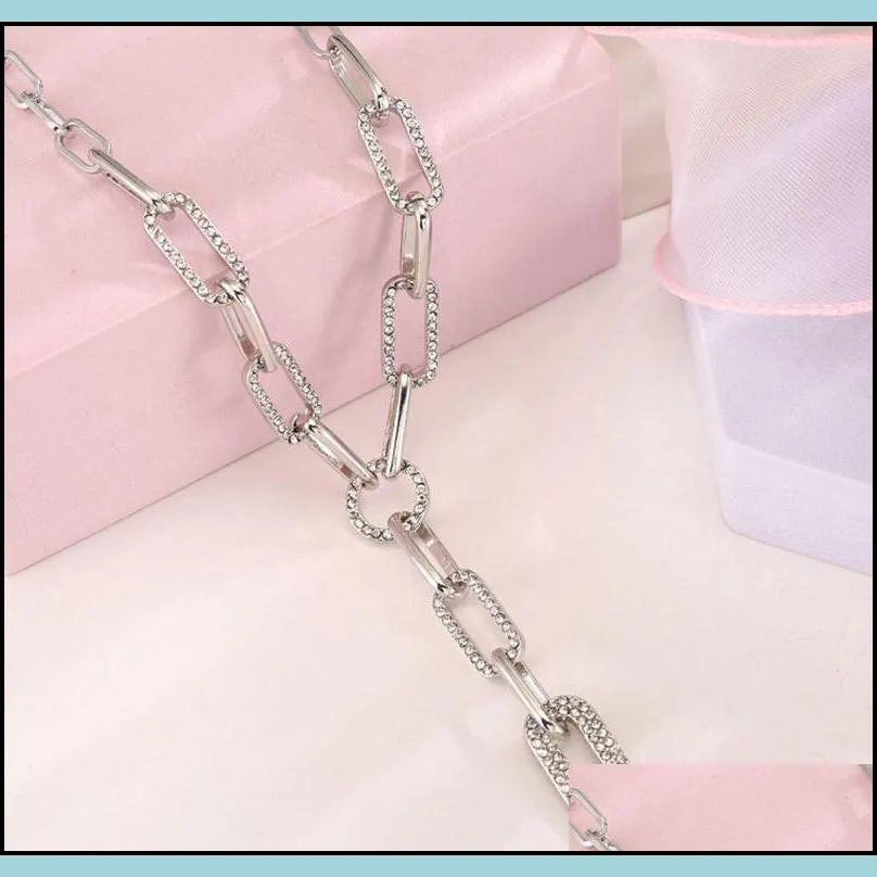 Gold Silver Color Paper Clip Thick Chain Necklace Female Sweater Accessories Shiny Rhinestone Stitching Clavicl sqcMXc luckyhat