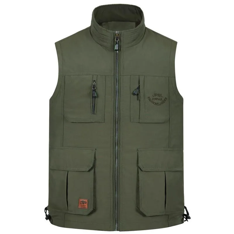 Men's Vests Spring Autumn Waistcoat Men Casual Stand Collar Multi-pockets Mesh Liner Quick Dry Vest Plus Size L-4XL