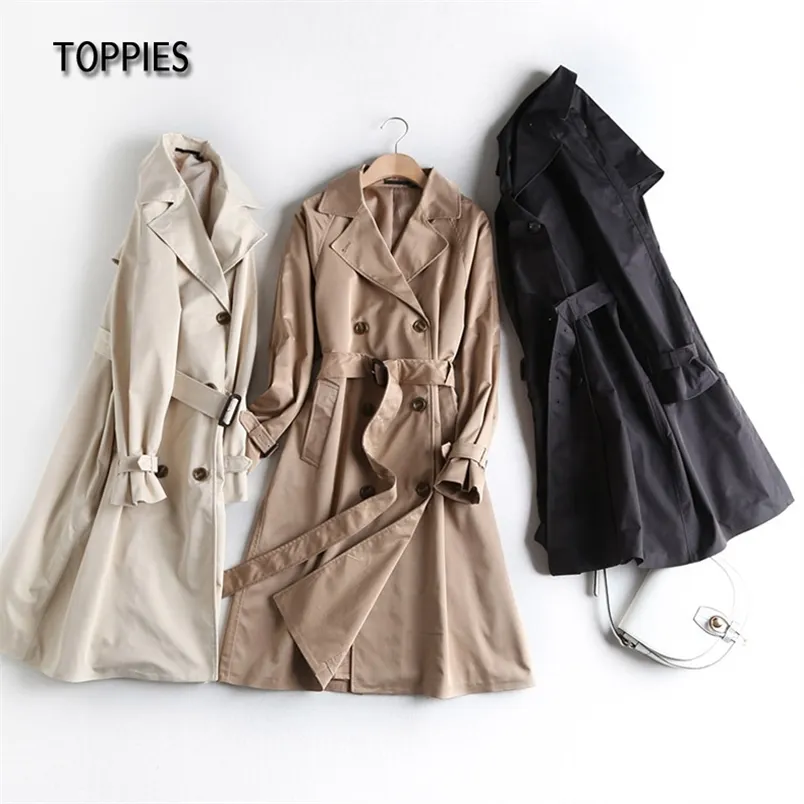 Toppies Herfst Dames Vaste Trench Coat Mode Dames Turn Down Collar Windbreaker Double Breasted Long 210914