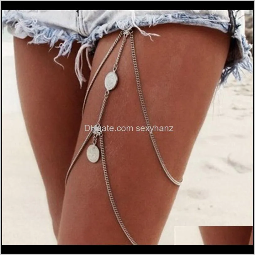summer new arrival silver plated women`s coin tassel leg chain jewelry body chain sexy beach 147 r2