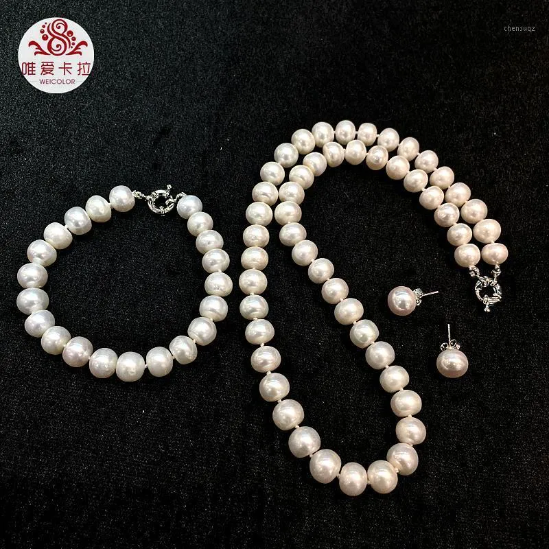 Boucles d'oreilles collier WEICOLOR vente en gros (6 ensembles) 9-10mm haut lustre demi-rond blanc naturel perle d'eau douce ensemble de bijoux.