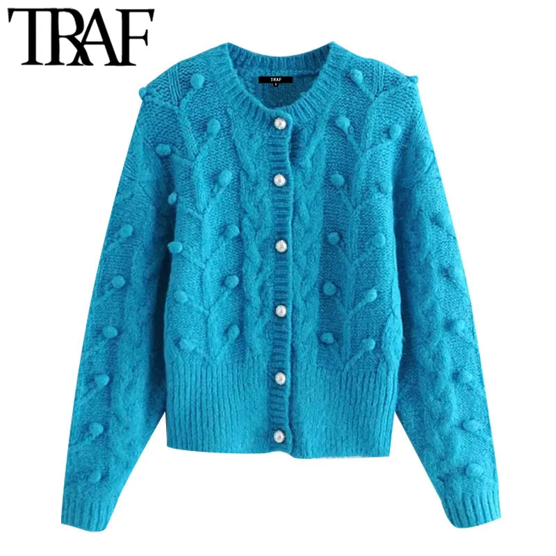 TRAF Женская мода Искусственные жемчужные кнопки POM вязаный кардиган свитер Урожай с длинным рукавом женская верхняя одежда Chic Tops 210415