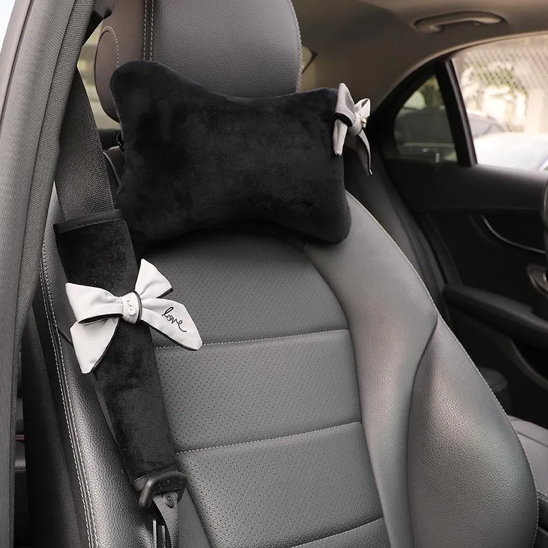 Poduszki siedziska Śliczne Bowknot Universal Car Scyk Pillow Headrest Grey Bow Rhinestone Auto Auto Wsparcie Wsparcie Wewnętrzne dla kobiet