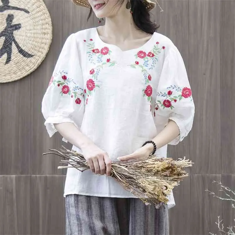 Style d'été femmes t-shirt grande taille lanterne manches lâche o-cou hauts broderie florale Vintage Femme lin t-shirt MMX01 210512