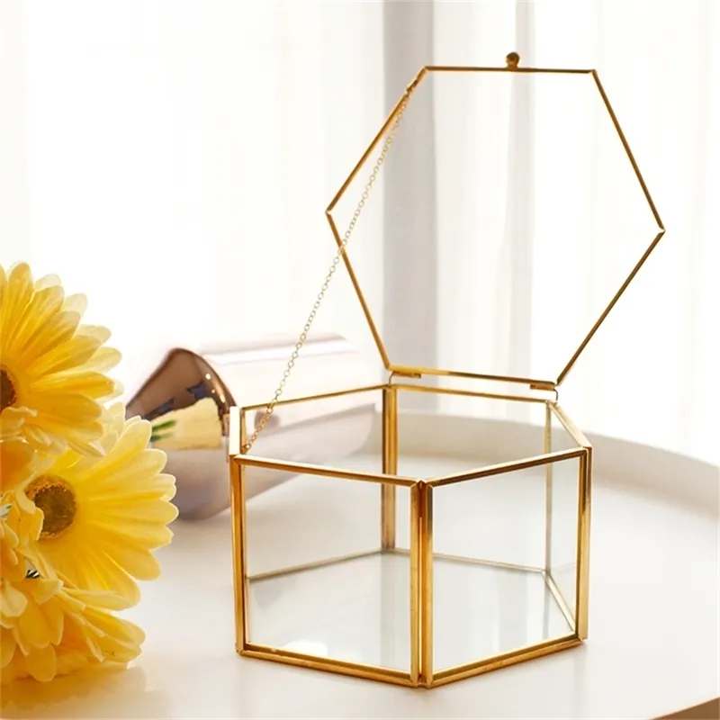 Vintage Hexagon Transparent Wedding Party Ring Box Metal Frame Glass Gift Box With Cover Surprise Explosion Box For Girlfriend 210402