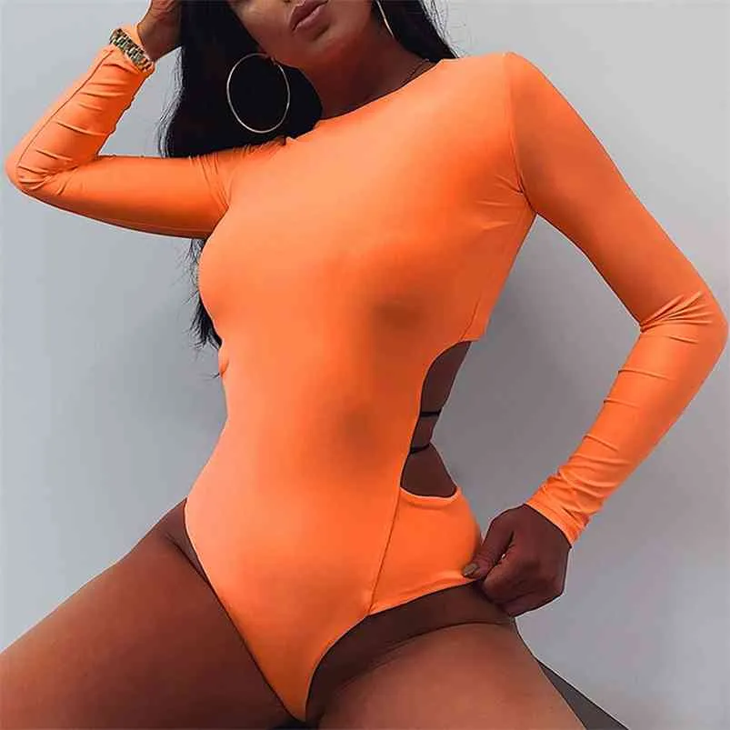 GAOKE moulante Sexy néon Orange Body femmes automne à manches longues solide hiver basique corps costume femme O cou noir 210715