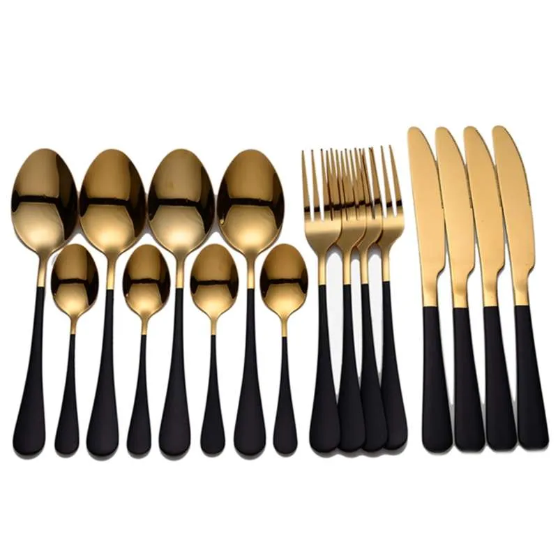 Tablewellware 16 Pcs Stainless Steel Cutlery Tableware Gold Spoon Set Forks Knives Spoons Kitchen Dinnerware Drop 210928