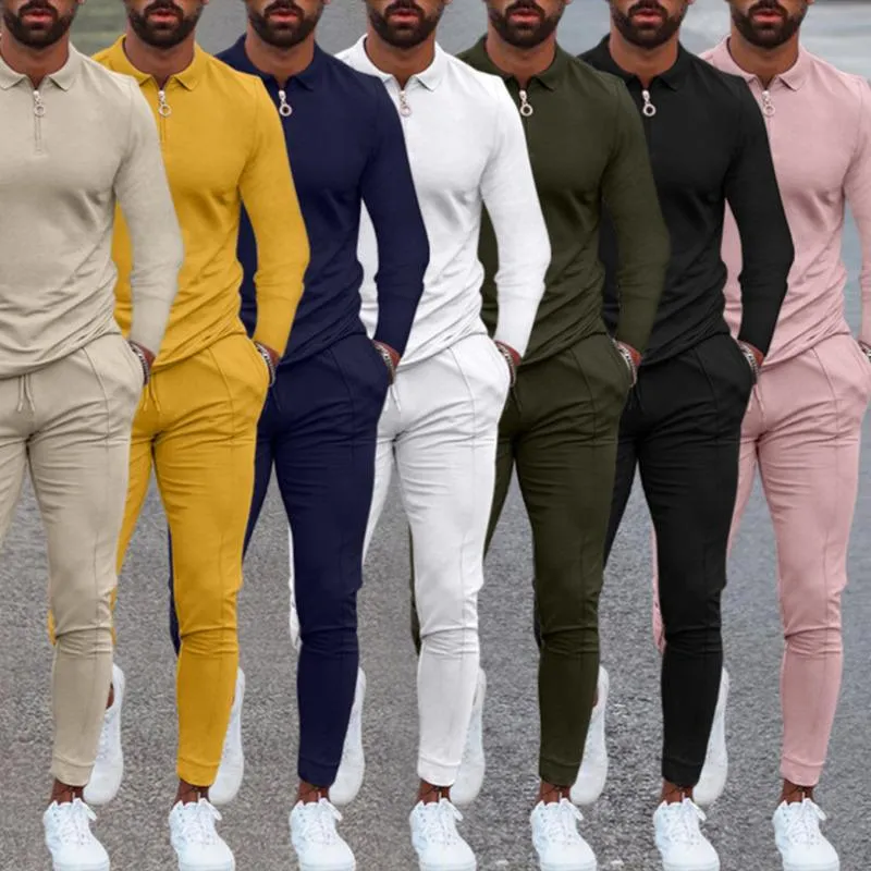 Abbigliamento Da Jogging 2021 Autunno Europeo Americano degli uomini Casual Risvolto Della Chiusura Lampo del Vestito di Colore Solido Pantaloni a Maniche Lunghe A Due Pezzi Tuta