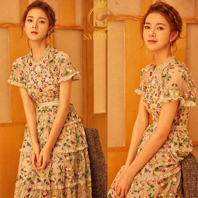 High Quality Fashion Runway Dress Women's Summer Short Sleeve Gauze Embroidery Lace Flower Vestidos 210520